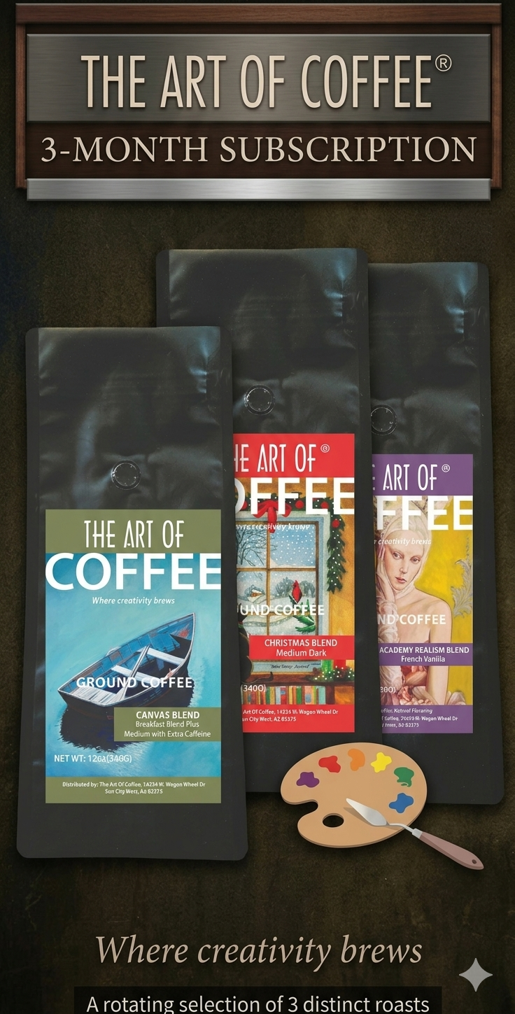 The Art of Coffee: 3-Month Experience - French Vanilla, Christmas Blend, Breakfast Blend w/ extra Caffeine (Copy)